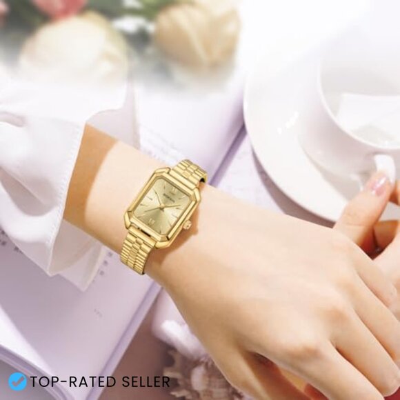 Square Gold Wrist Watch Elegant Minimal Quartz Movement Stainless Steel Band main image 4